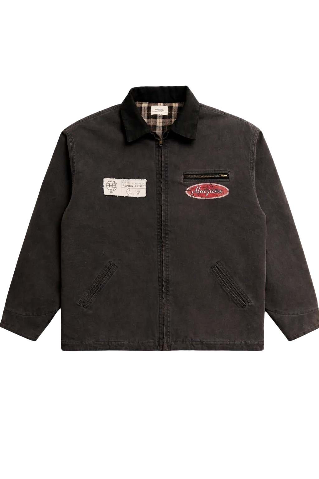 Canvas utility jacket detail — chest patch and welt pocket